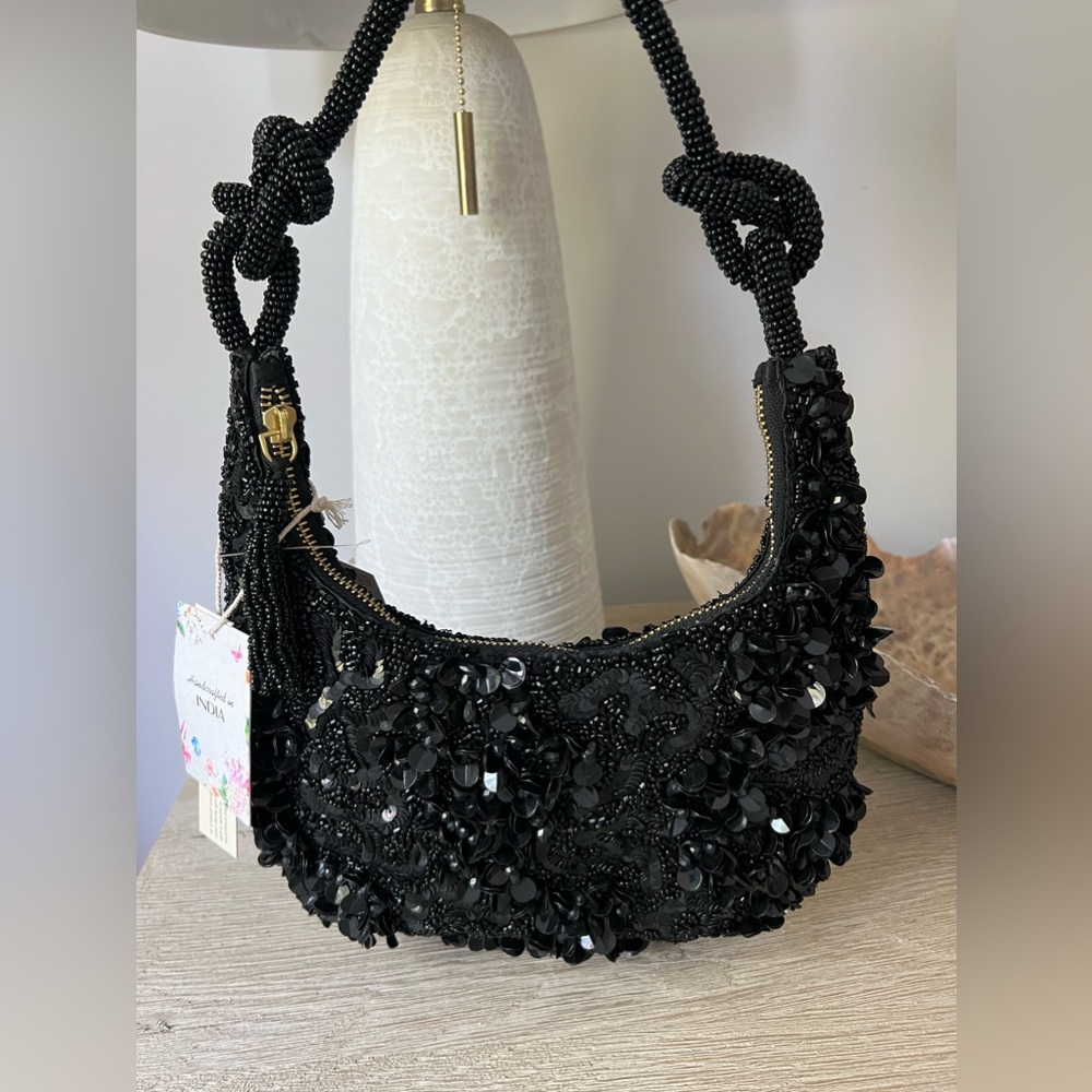Viral Black Beaded Bag with Knot Tie Strap, NWT, Handcrafted in India
